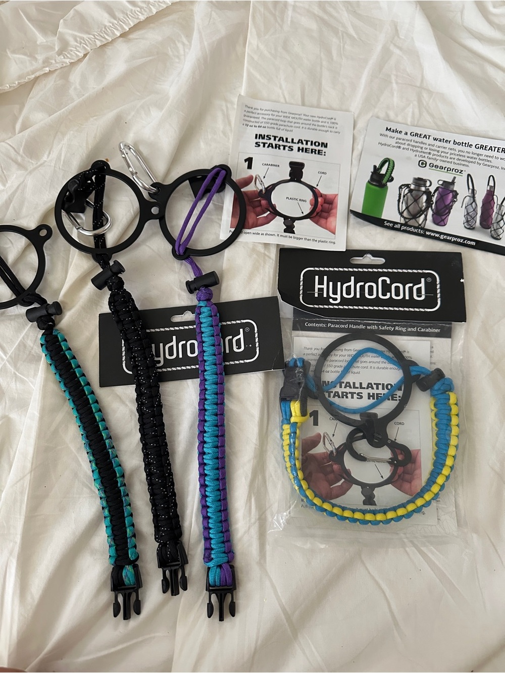Water Bottle Hydrocord Handle - Teal, Black, Purple, Blue & Yellow Bundle $12